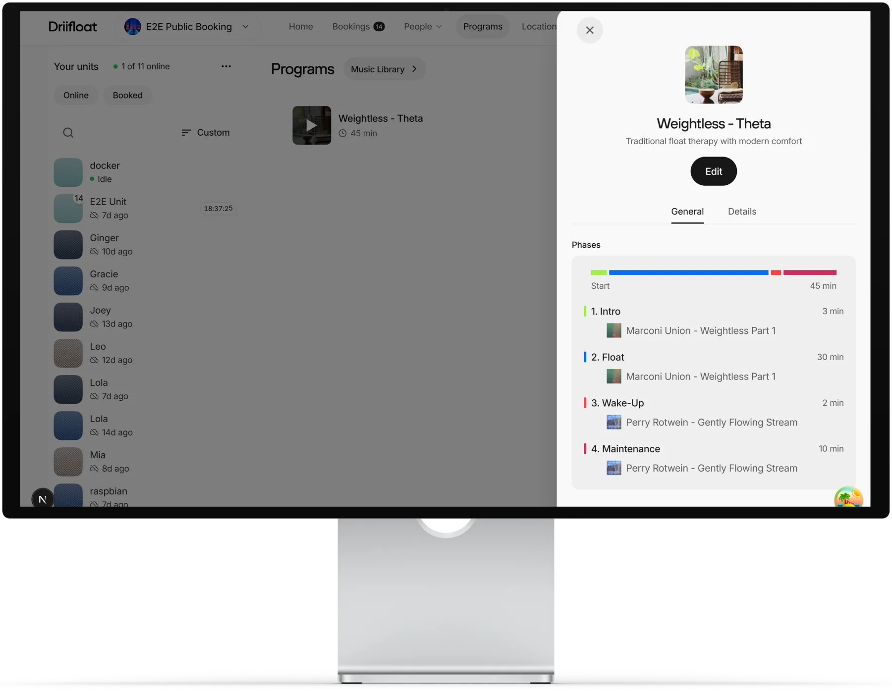 Driifloat-Dashboard mit den Phasen eines Programms auf einem Desktop-Monitor