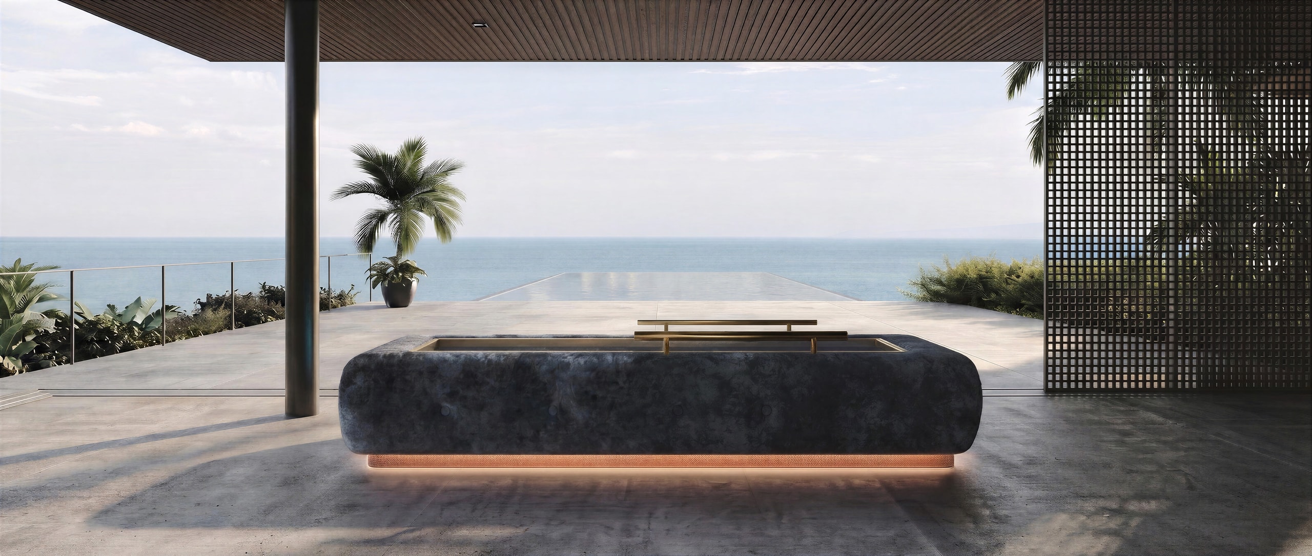 Driifloat på en solbeskinnet terrasse med udsigt over havet