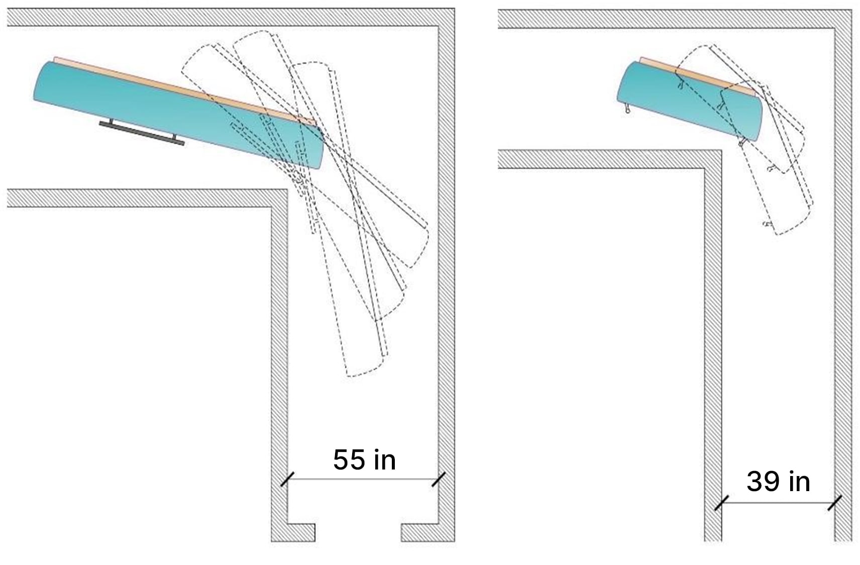 Driifloat carried on its side through a corridor, and held upright for a narrower corridor.