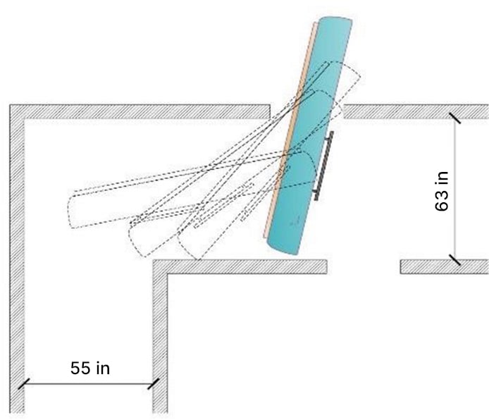 Top-down plan showing Driifloat turning 90 degrees from a corridor into a room.