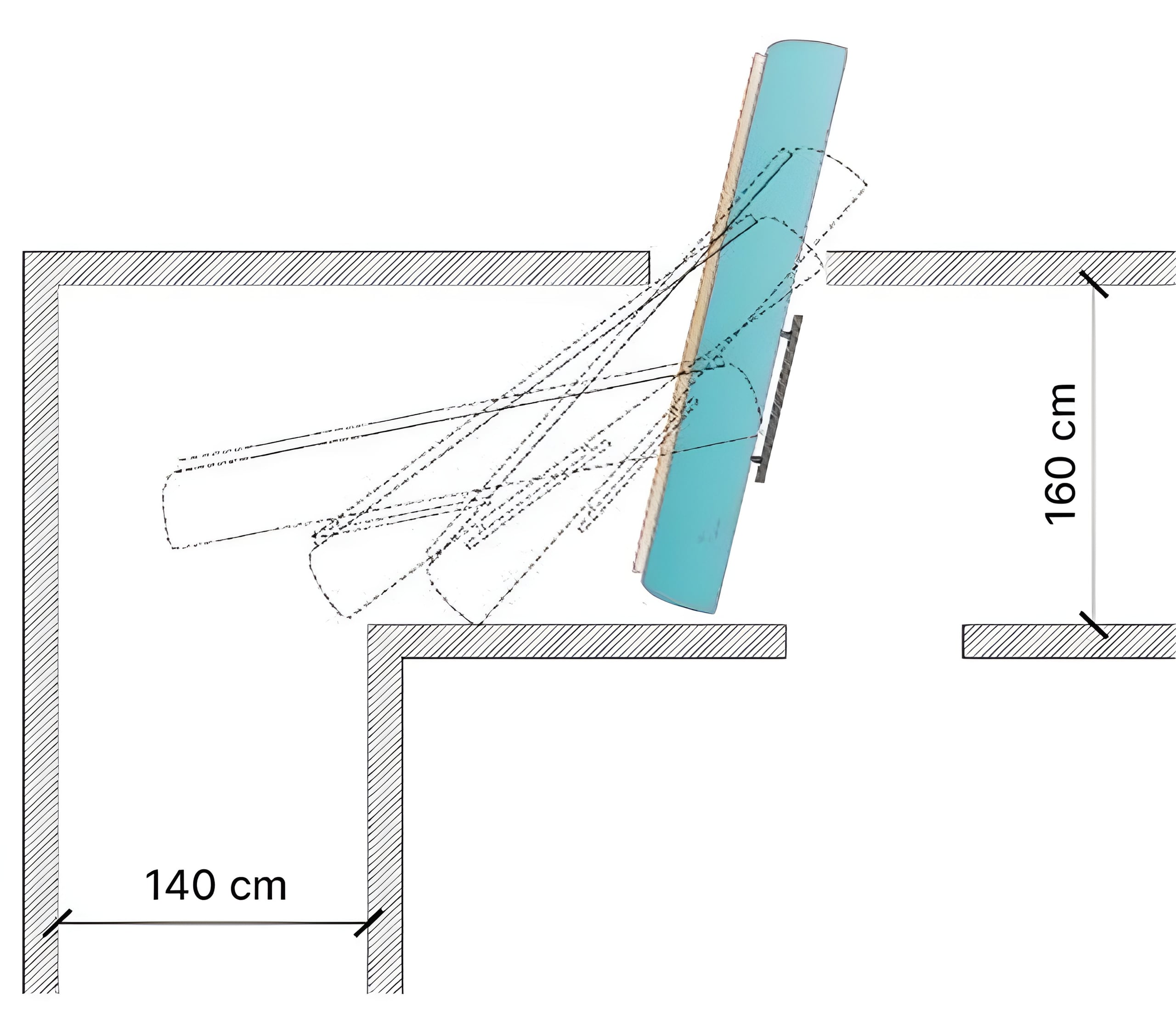 Plantegning set ovenfra, hvor Driifloat drejes 90° fra korridor ind i et rum.